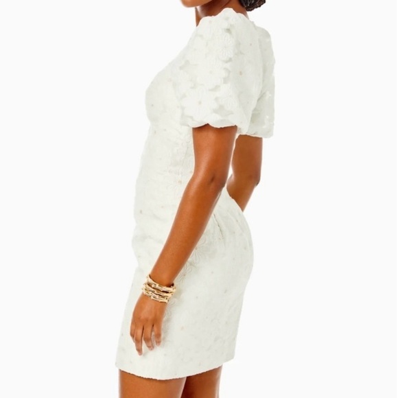 Lilly Pulitzer Citra Embroidered Puff Sleeve Floral Shift Dress White‎ Gold 00 - Picture 3 of 13